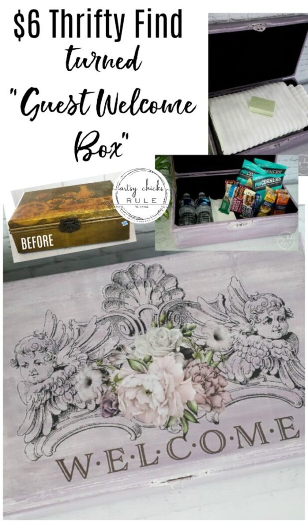 Why not create a guest room welcome box filled with goodies and/or necessities for overnight guests? Even better, pop into your local thrift store to find something inexpensive like this box to makeover! #guestwelcomeideas #guestroomideas #welcomebox #primatransferbox