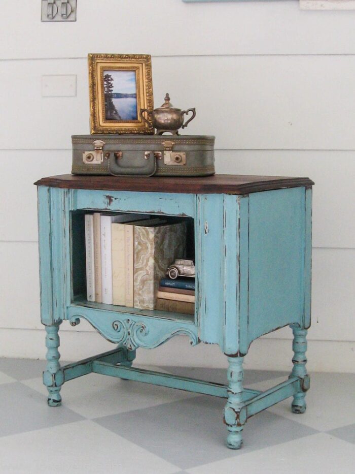 aqua and wood antique table