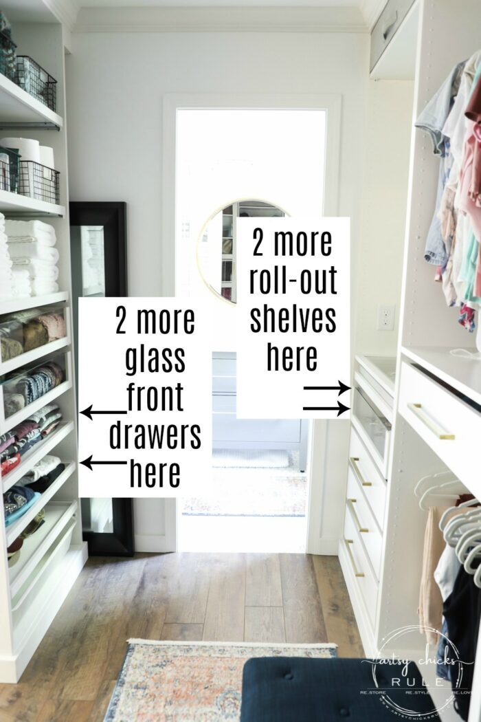 We created a "custom, built-in" master closet look with basic IKEA PAX closet system cabinets simply by adding trim and a few extra touches! artsychicksrule.com #builtincloset #ikeapax #paxclosethack #ikeapaxideas