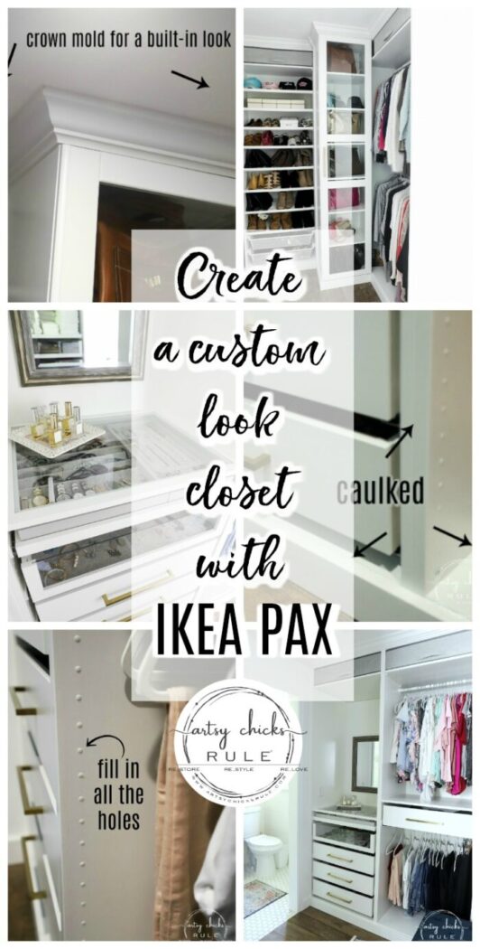 We created a "custom, built-in" master closet look with basic IKEA PAX closet system cabinets simply by adding trim and a few extra touches! artsychicksrule.com #builtincloset #ikeapax #paxclosethack #ikeapaxideas