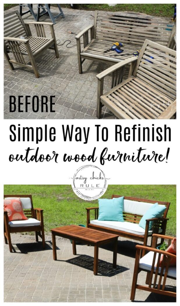 Learn how to quickly, and simply, refinish outdoor wood furniture with just one product! Make your patio furniture look better than brand new. artsychicksrule.com #restainoutdoorfurniture #refinishoutdoorfurniture #patiofurnituremakeover 