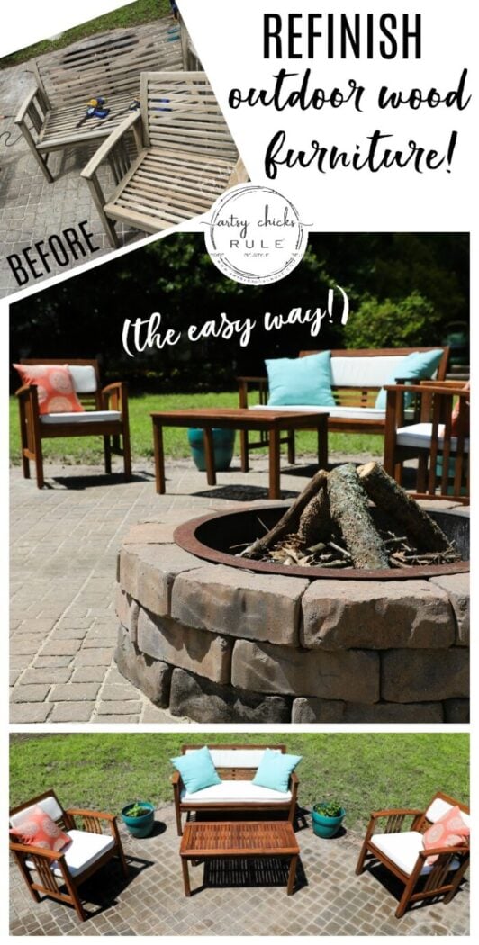 Learn how to quickly, and simply, refinish outdoor wood furniture with just one product! Make your patio furniture look better than brand new. artsychicksrule.com #restainoutdoorfurniture #refinishoutdoorfurniture #patiofurnituremakeover 