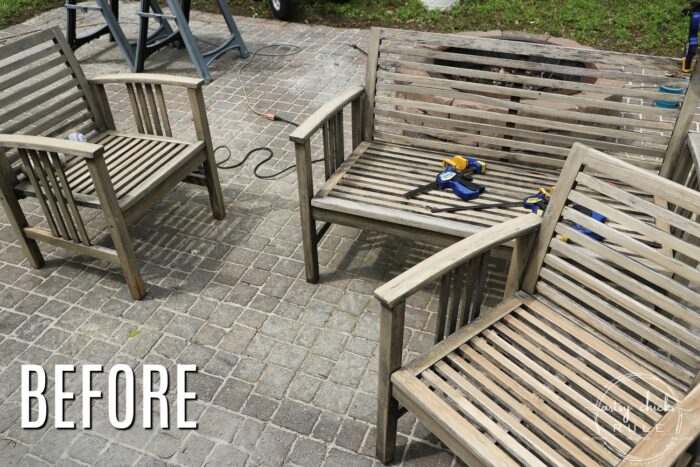 Learn how to quickly, and simply, refinish outdoor wood furniture with just one product! Make your patio furniture look better than brand new. artsychicksrule.com #restainoutdoorfurniture #refinishoutdoorfurniture #patiofurnituremakeover 