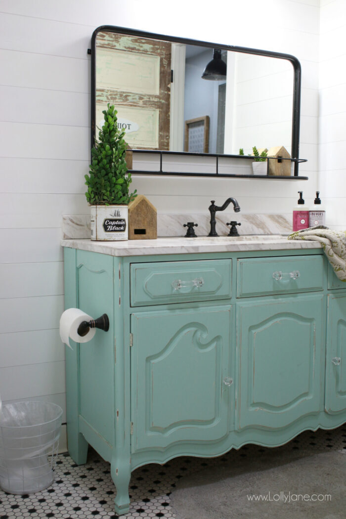 aqua dresser turned vanity