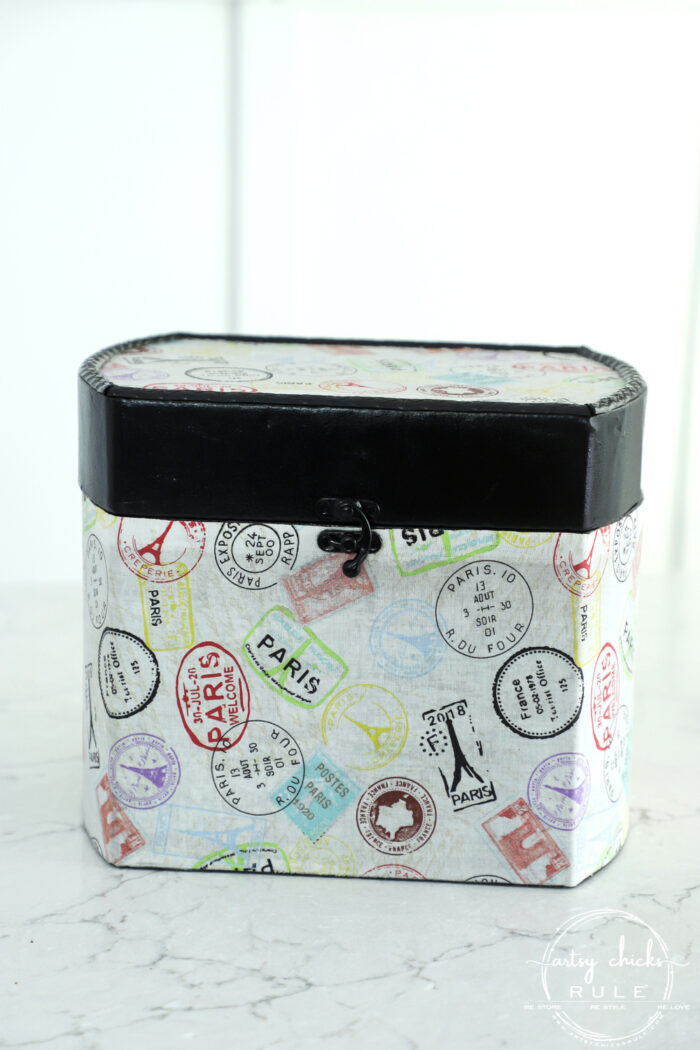 Decoupage with fabric....to create a Paris Box like this or just about anything! So many ways to use fabric as a decoupage. artsychicksrule.com #fabricdecoupage 