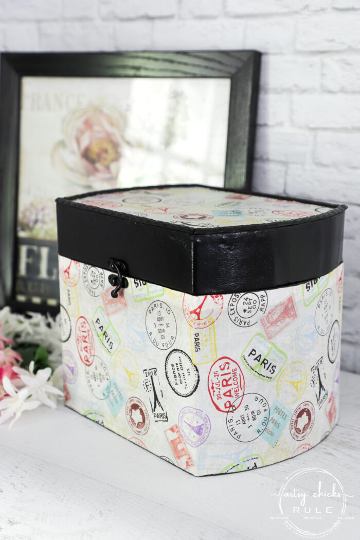 Decoupage with fabric....to create a Paris Box like this or just about anything! So many ways to use fabric as a decoupage. artsychicksrule.com #fabricdecoupage 