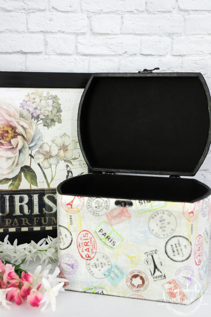 Decoupage with fabric....to create a Paris Box like this or just about anything! So many ways to use fabric as a decoupage. artsychicksrule.com #fabricdecoupage 