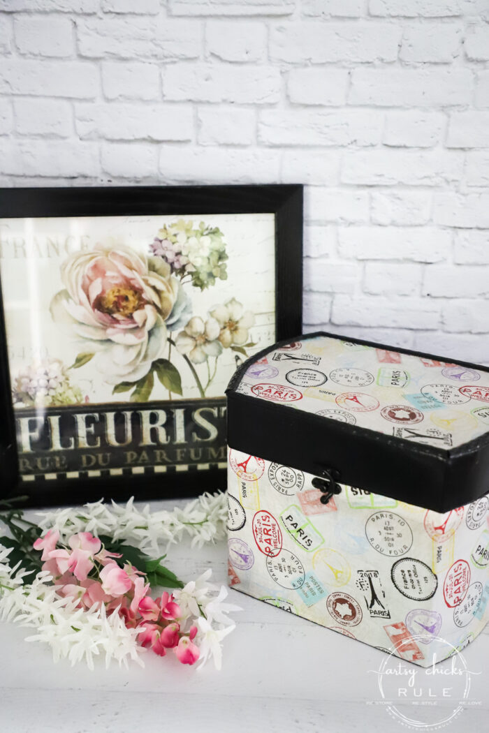 Decoupage with fabric....to create a Paris Box like this or just about anything! So many ways to use fabric as a decoupage. artsychicksrule.com #fabricdecoupage 