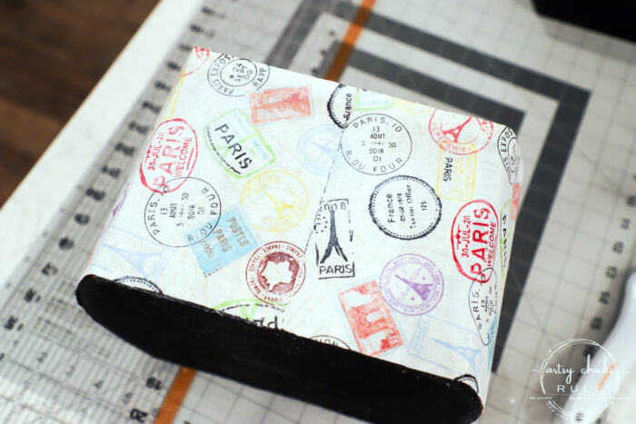 Decoupage with fabric....to create a Paris Box like this or just about anything! So many ways to use fabric as a decoupage. artsychicksrule.com #fabricdecoupage 