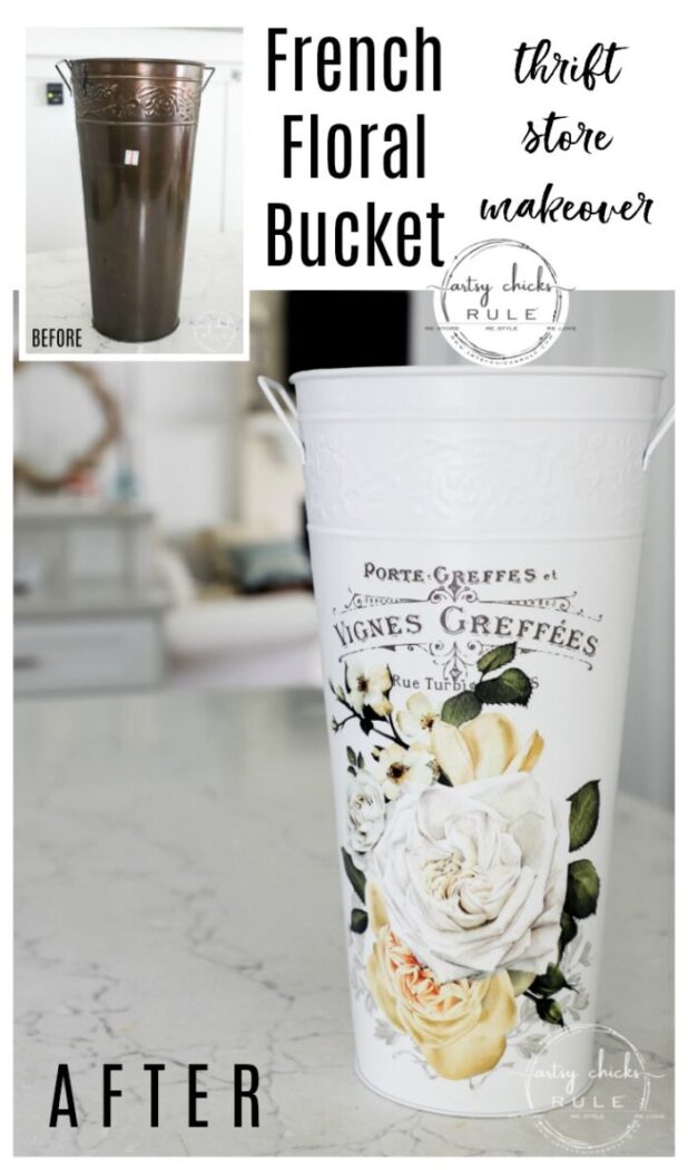 Transform a $2 thrift store find into a French floral bucket with spray paint and a Prima transfer! artsychicksrule.com #frenchfloralbucket #primatransfer #redesignprimatransfers