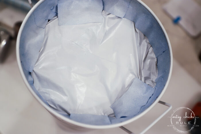 french floral bucket painted with plastic wrap