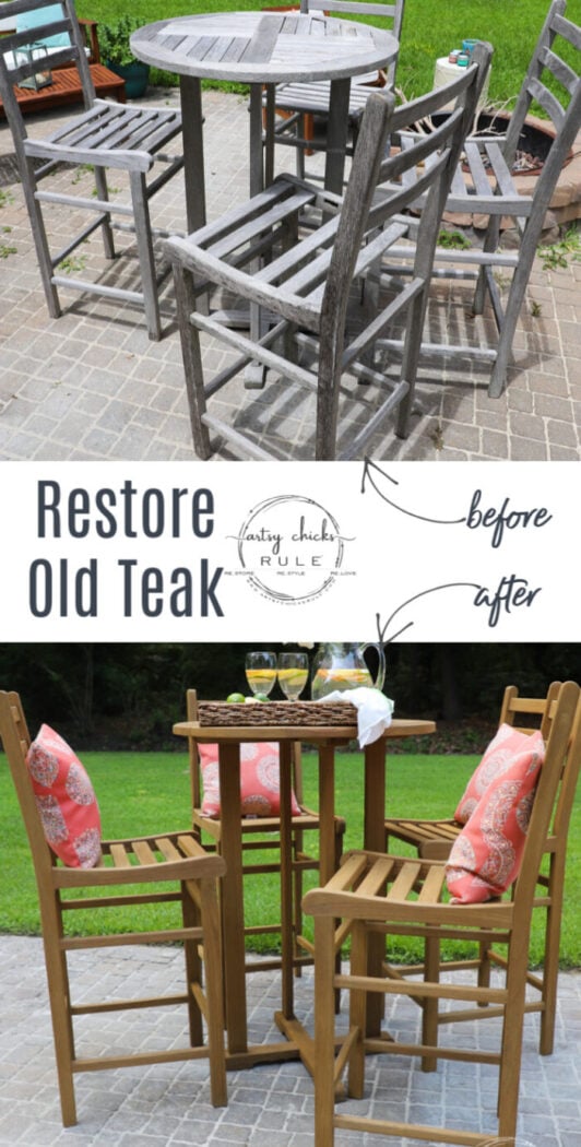 Learn how to restore teak furniture PLUS all my tips to make it easier!! artsychicksrule.com #teakfurniture #restoreteak #teakfurnituremakeover