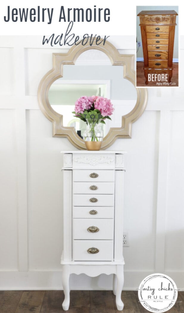 Outdated jewelry armoire makeover ... for the second time! Classy and elegant gold and white. Third times the charm! artsychicksrule.com #jewelryarmoire #whitefurniture #whiteandgold