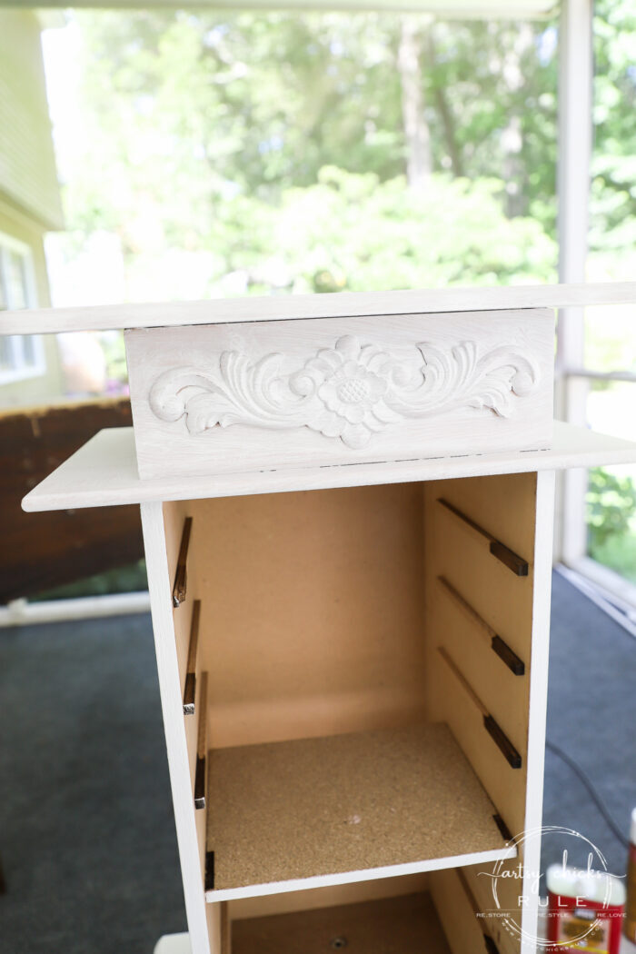 Outdated jewelry armoire makeover ... for the second time! Classy and elegant gold and white. Third times the charm! artsychicksrule.com #jewelryarmoire #whitefurniture #whiteandgold