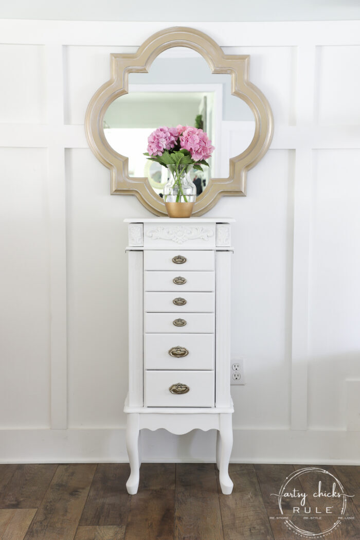 Outdated jewelry armoire makeover ... for the second time! Classy and elegant gold and white. Third times the charm! artsychicksrule.com #jewelryarmoire #whitefurniture #whiteandgold