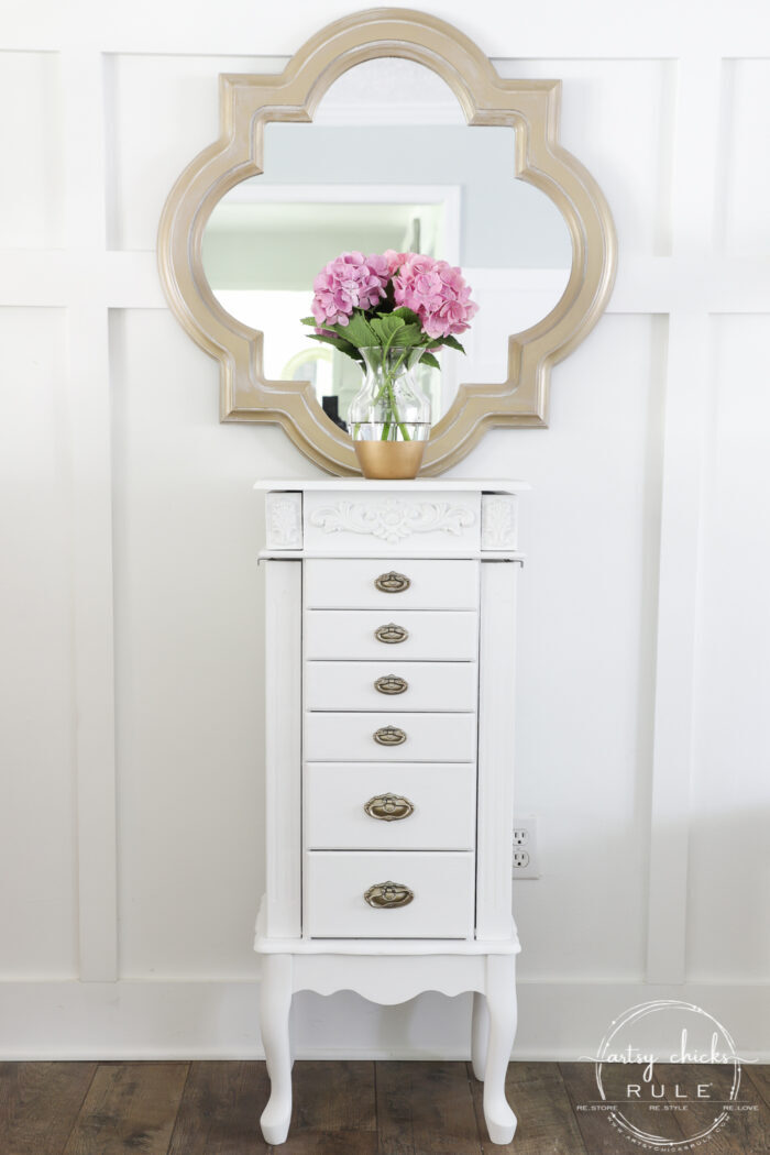 Outdated jewelry armoire makeover ... for the second time! Classy and elegant gold and white. Third times the charm! artsychicksrule.com #jewelryarmoire #whitefurniture #whiteandgold