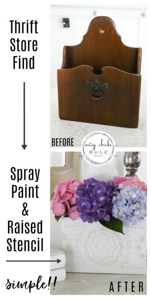 Spray paint, molding paste, and a stencil are all you need to create this sweet thrifted flower display! artsychicksrule.com #raisedstencil #thrifteddecorideas