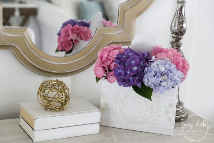 white box with raised white stencil and pink with purple hydrangeas