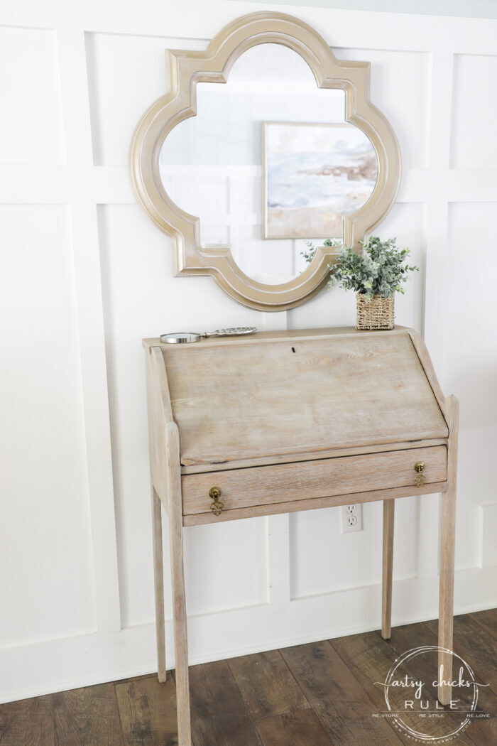 Ever wondered how you can get that cool bleached wood look?? Well, you can actually bleach your wood...with bleach, or you can do it this way instead! artsychicksrule.com #howtobleachwood #bleachedwood #coastalfurniture #farmhousestyle