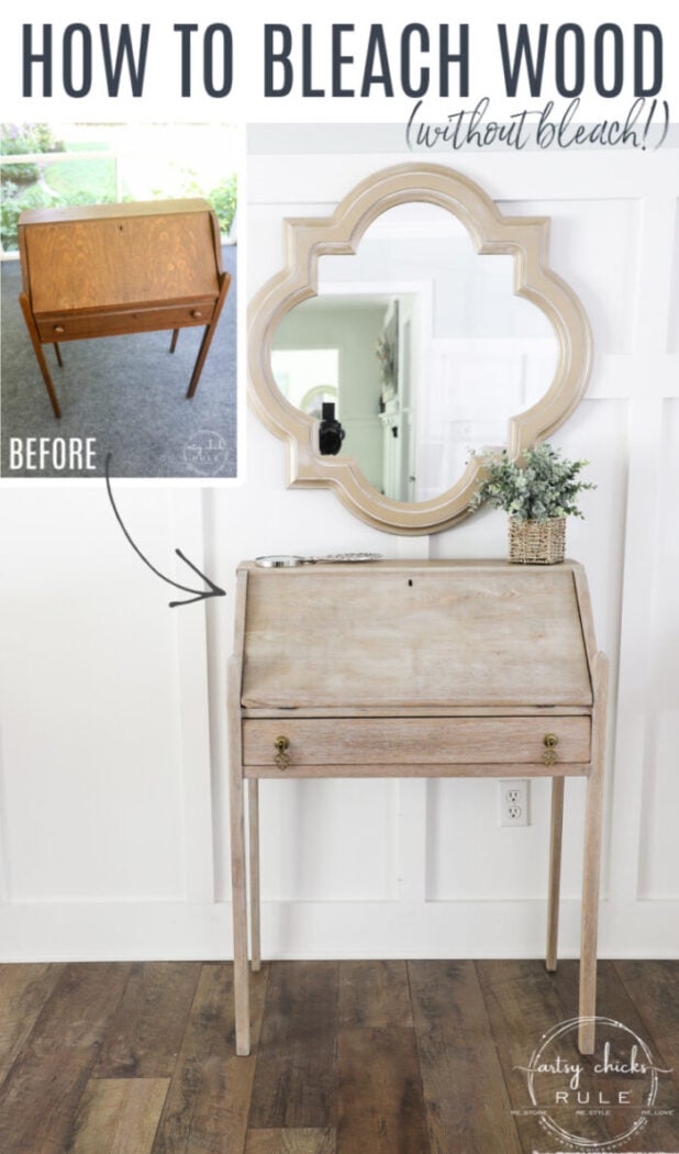 Ever wondered how you can get that cool bleached wood look?? Well, you can actually bleach your wood...with bleach, or you can do it this way instead! artsychicksrule.com #howtobleachwood #bleachedwood #coastalfurniture #farmhousestyle