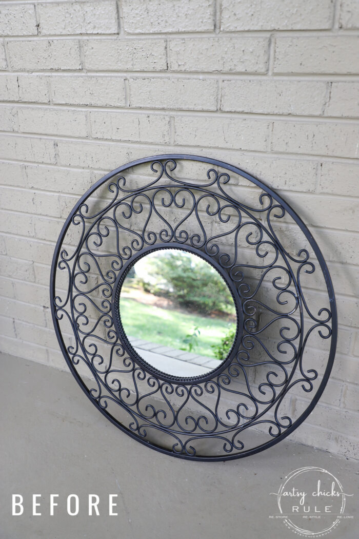 Sometimes all it needs is a little paint for a brand look and life. This simple metal mirror makeover is one anyone can do! artsychicksrule.com #metalmirror #scrollmirror