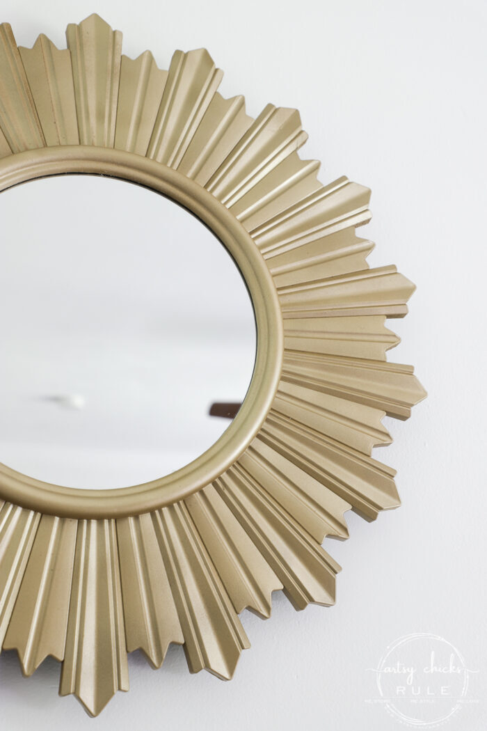 Sometimes all it needs is a little paint for a brand look and life. This simple metal mirror makeover is one anyone can do! artsychicksrule.com #metalmirror #scrollmirror