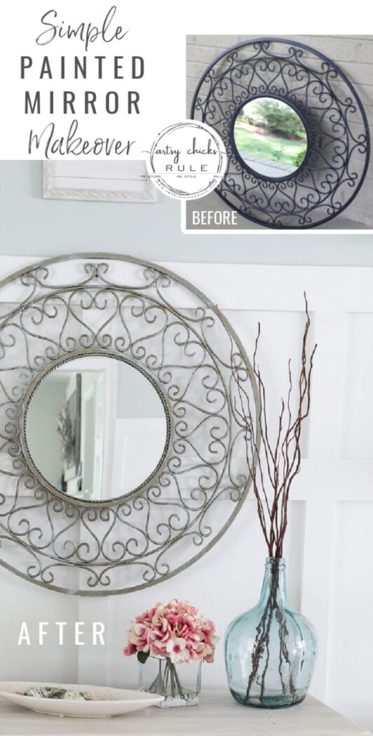 Sometimes all it needs is a little paint for a brand look and life. This simple metal mirror makeover is one anyone can do! artsychicksrule.com #metalmirror #scrollmirror