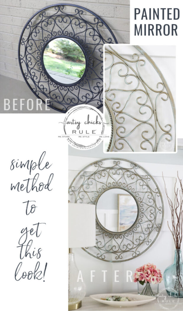 Sometimes all it needs is a little paint for a brand look and life. This simple metal mirror makeover is one anyone can do! artsychicksrule.com #metalmirror #scrollmirror