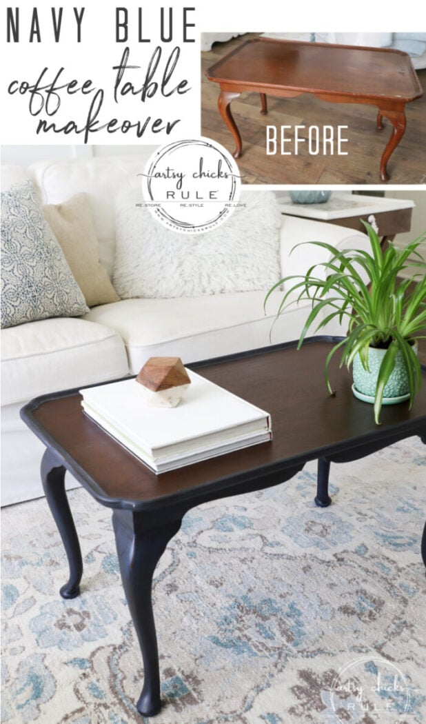 Elegant makeover on this navy blue coffee table with brown glaze! artsychicksrule.com #navybluefurniture #brownglaze 