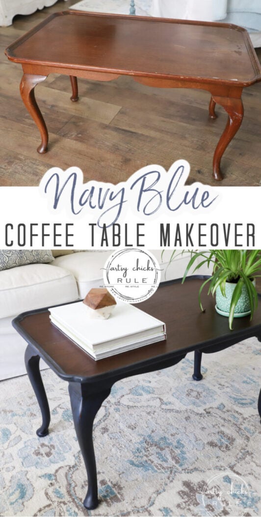 Elegant makeover on this navy blue coffee table with brown glaze! artsychicksrule.com #navybluefurniture #brownglaze 