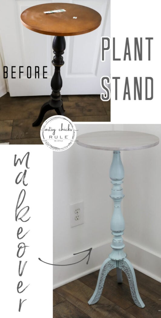This $10 aqua plant stand got a brand new look in a really simple way! A small change in color with paint makes all the difference. artsychicksrule.com #plantstand #aquapaint