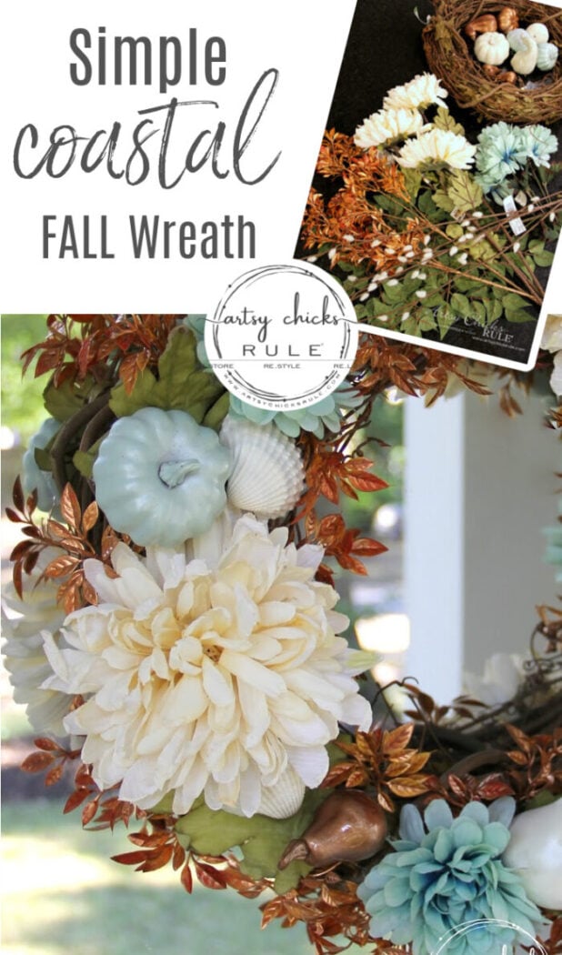 Want to ease into fall from summer? Or live on the coast? Make this SIMPLE coastal fall wreath which incorporates a little of both! artsychicksrule.com #coastalfallwreath