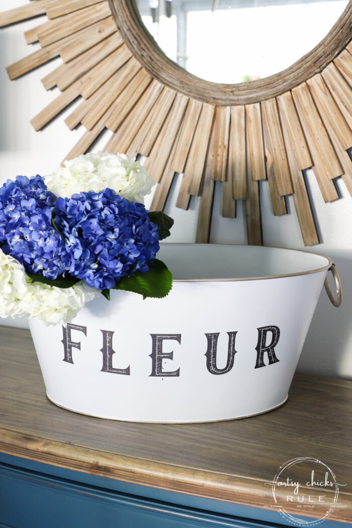 This old beverage tub got a brand new look...and purpose! French flower tub for beautiful flowers...easy to do with spray paint and Prima transfers! #artsychicksrule.com #primatransfers #flowertub