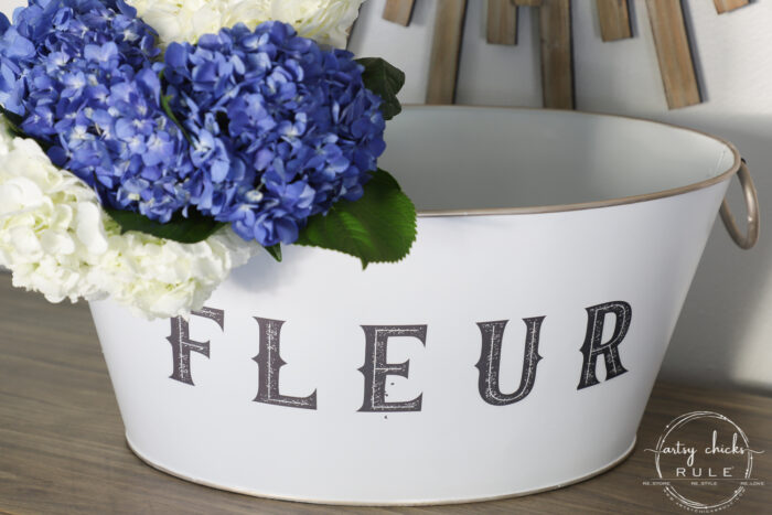 This old beverage tub got a brand new look...and purpose! French flower tub for beautiful flowers...easy to do with spray paint and Prima transfers! #artsychicksrule.com #primatransfers #flowertub