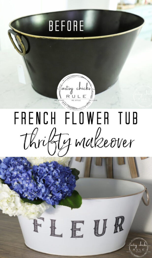 This old beverage tub got a brand new look...and purpose! French flower tub for beautiful flowers...easy to do with spray paint and Prima transfers! #artsychicksrule.com #primatransfers #flowertub