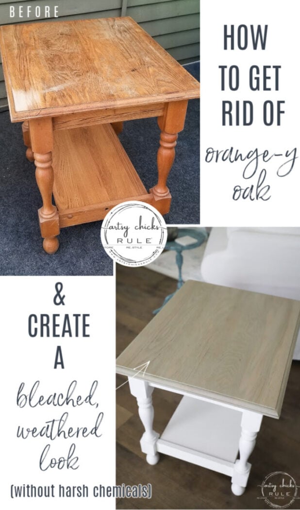 Turn that old orange wood into "bleached or weathered" wood with this simple method!! (without harsh chemicals) artsychicksrule.com #bleachedwood #howtobleachwood #weatheredwood