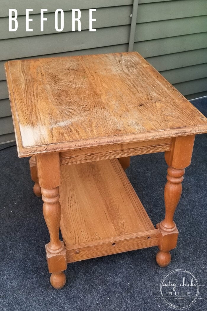 orange oak side table before