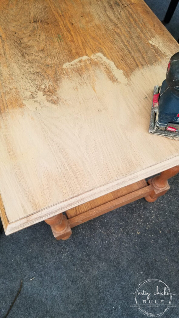 sanding the top of the side table