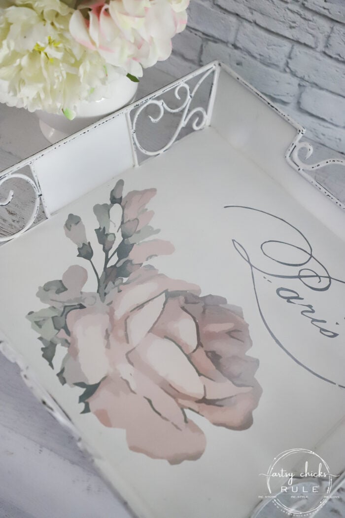 What a difference a little paint and a gorgeous Prima transfer make! This pink rose tray is a stunner now. artsychicksrule.com #primatransfer #pinkrose