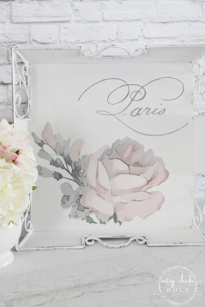 What a difference a little paint and a gorgeous Prima transfer make! This pink rose tray is a stunner now. artsychicksrule.com #primatransfer #pinkrose