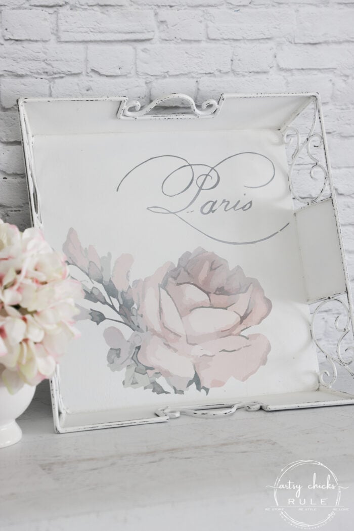 What a difference a little paint and a gorgeous Prima transfer make! This pink rose tray is a stunner now. artsychicksrule.com #primatransfer #pinkrose