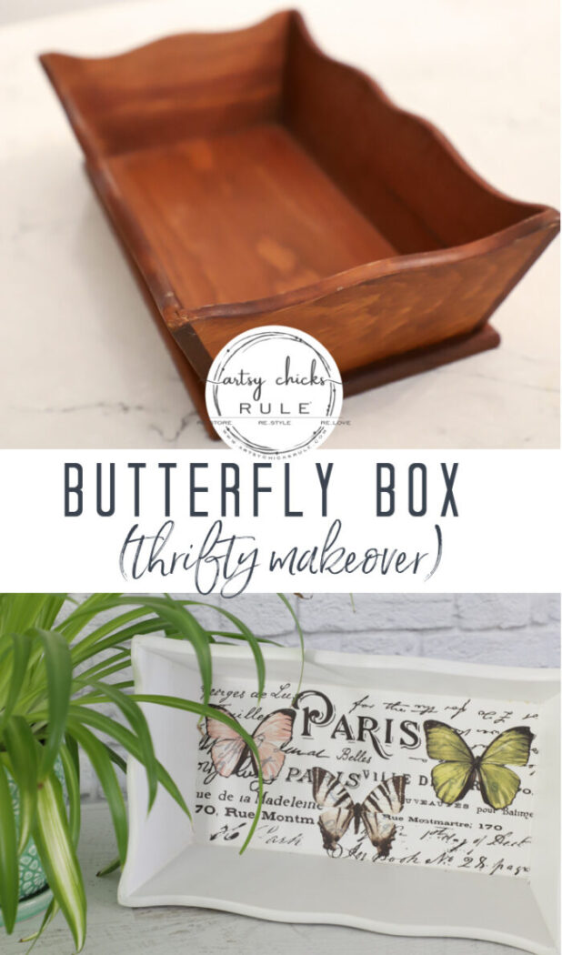 Old thrifty find transformed into a "butterfly box" with Prima transfers and old knobs for feet! artsychicksrule.com #butterflydecor #butterflybox