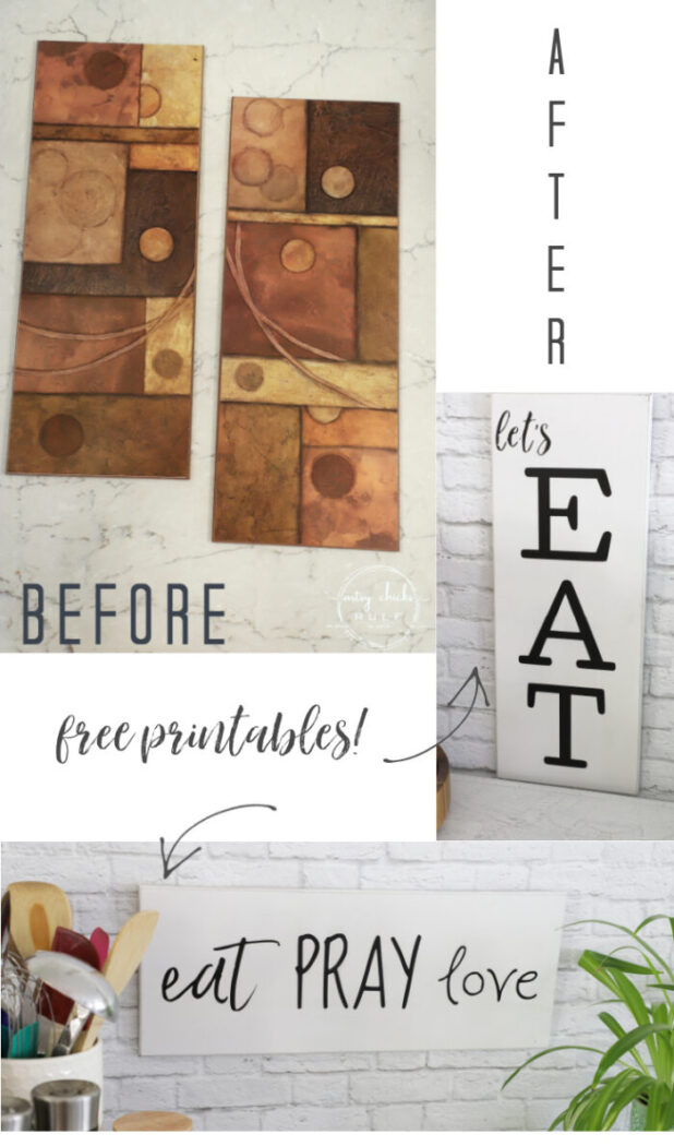 Make these simple kitchen signs out of old thrifted wall decor! Made easy with free graphics and a Silhouette Cameo! artsychicksrule.com #silhouettecameo #kitchensigns #eatpraylove