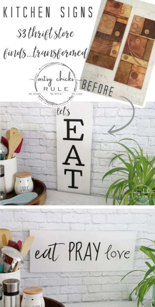 Make these simple kitchen signs out of old thrifted wall decor! Made easy with free graphics and a Silhouette Cameo! artsychicksrule.com #silhouettecameo #kitchensigns #eatpraylove