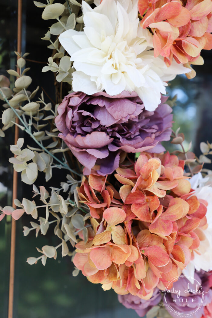 Rust, ivory & plum fall wreath. No need to stick to the traditional brown and orange...step out of the box a little with plum and ivory too. artsychicksrule.com #fallwreath #plumfallwreath