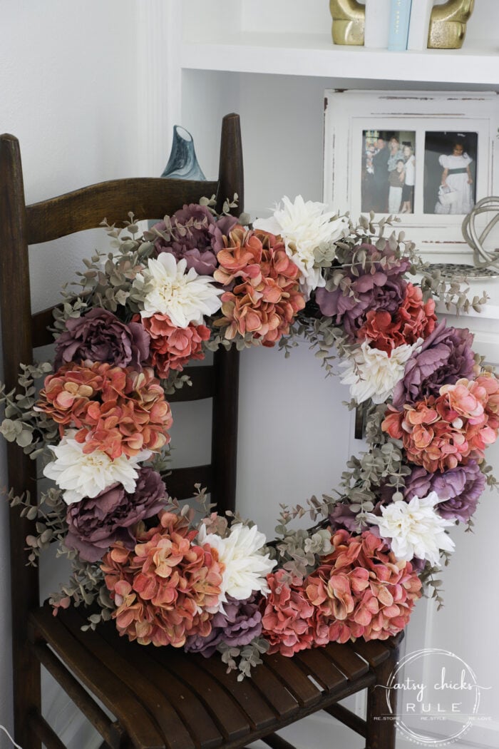 Rust, ivory & plum fall wreath. No need to stick to the traditional brown and orange...step out of the box a little with plum and ivory too. artsychicksrule.com #fallwreath #plumfallwreath