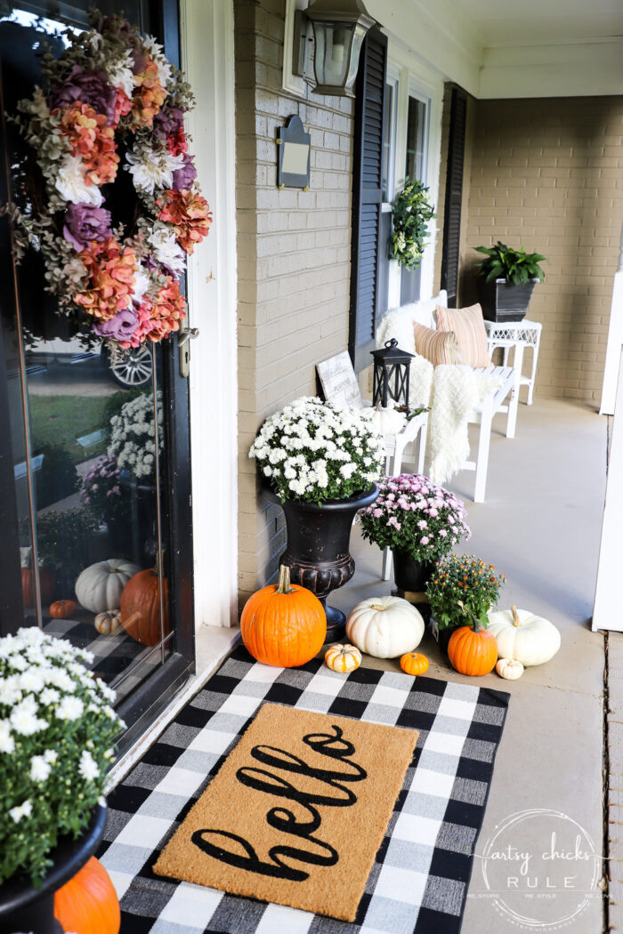 Fall front porch with plum, ivory and orange! Tradtional and a bit of non-traditional too! artsychicksrule.com #fallfrontporch #fallporch