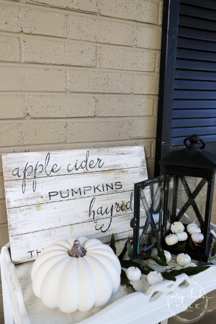 Fall front porch with plum, ivory and orange! Tradtional and a bit of non-traditional too! artsychicksrule.com #fallfrontporch #fallporch