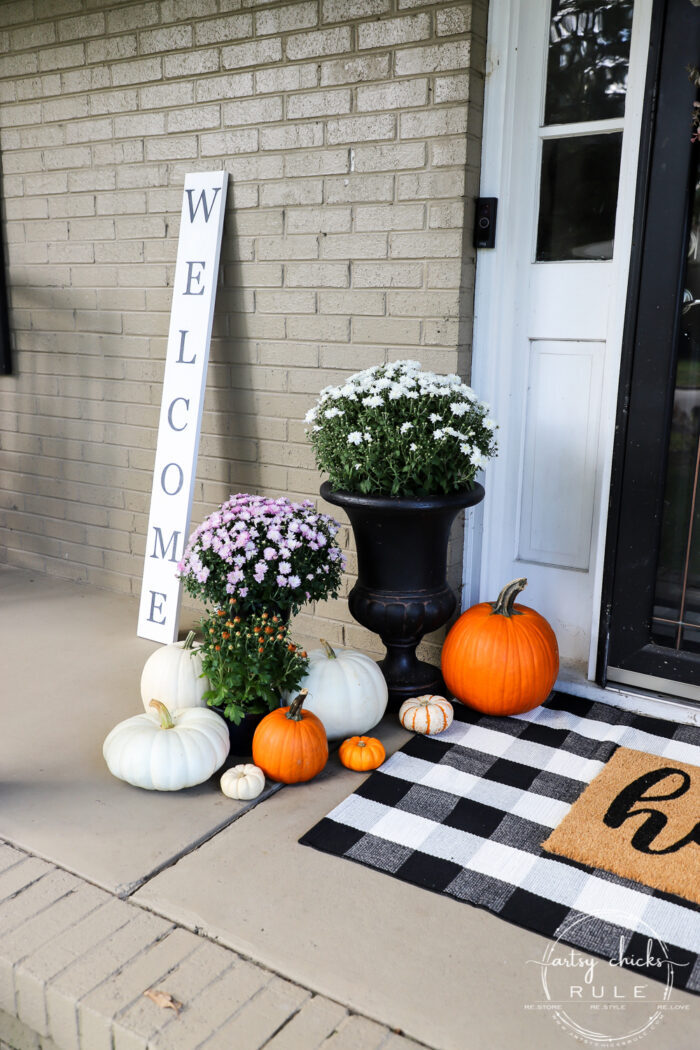 Fall front porch with plum, ivory and orange! Tradtional and a bit of non-traditional too! artsychicksrule.com #fallfrontporch #fallporch