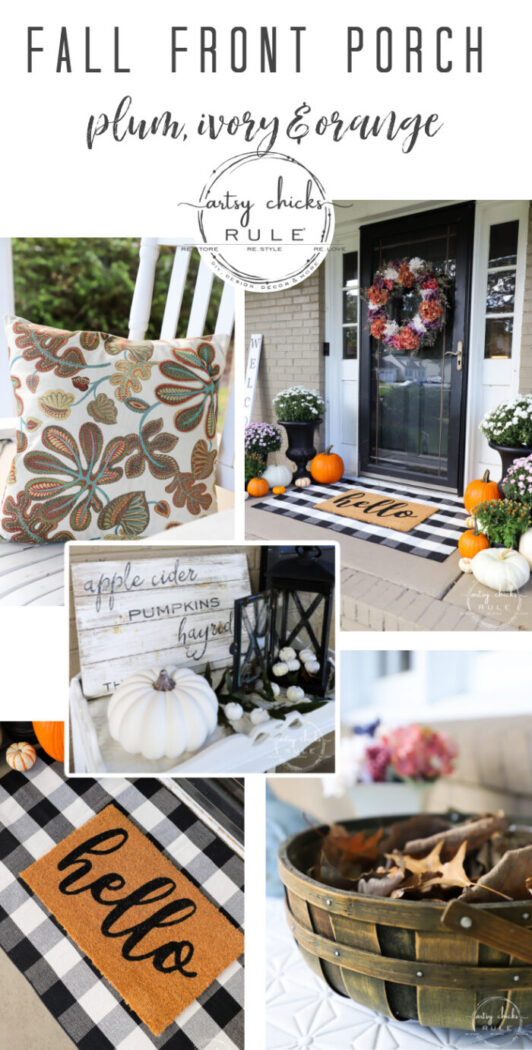 Fall front porch with plum, ivory and orange! Tradtional and a bit of non-traditional too! artsychicksrule.com #fallfrontporch #fallporch